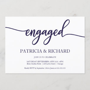 Chic Calligraphy Navy Blue White Engagement Party Einladung