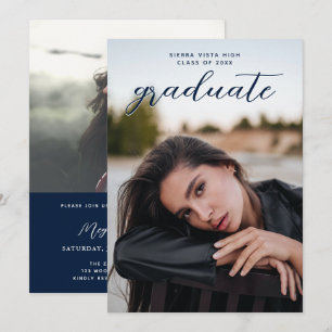 Chic Calligraphy Navy Blue Zwei-Foto-Abschluss Einladung