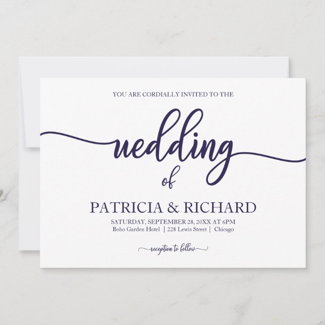 Chic Calligraphy Navy BlueWhite Wedding Einladung (Vorderseite)