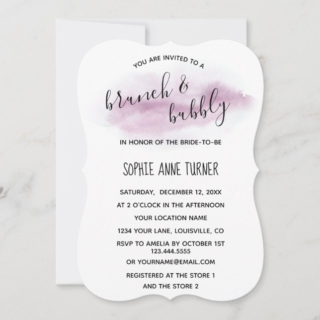 Chic Calligraphy Pink Aquarellbrunch & Bubbly Einladung (Vorderseite)