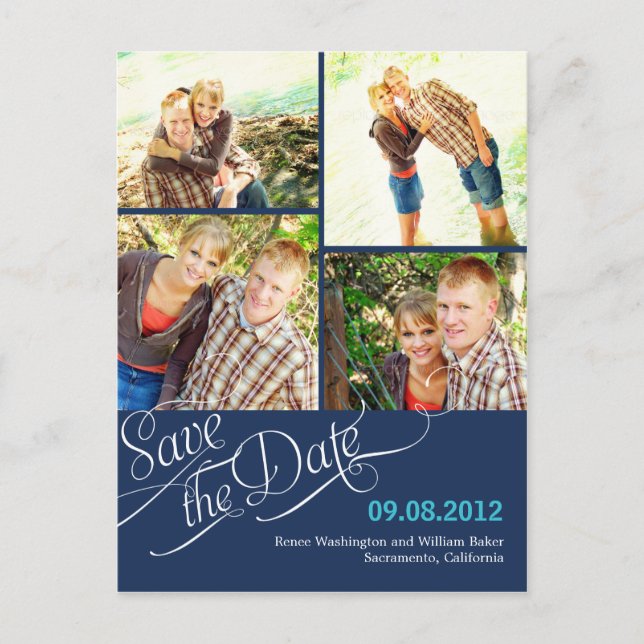 Chic Calligraphy Save the Date Postcard - Marine Ankündigungspostkarte (Vorderseite)