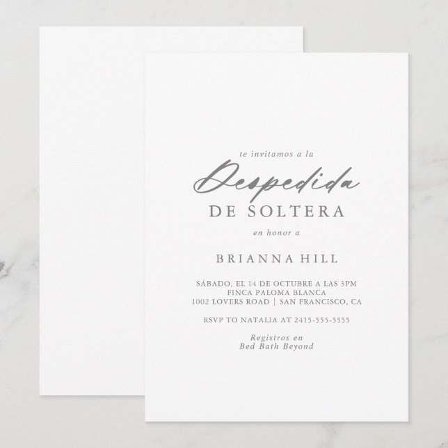 Chic Calligraphy Silver Spanish Brautparty Einladung (Vorne/Hinten)