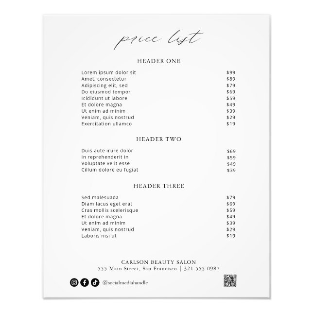 Chic Calligraphy Simple Elegant Price List Fotodruck (Vorne)