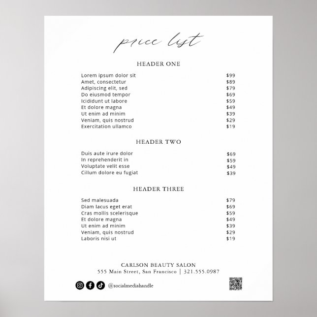 Chic Calligraphy Simple Elegant Price List Poster (Vorne)
