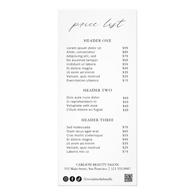 Chic Calligraphy Simple Elegant Price List Werbekarte (Vorne)