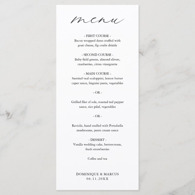 Chic Calligraphy Simple Elegante Wedding Menükarte (Vorderseite)