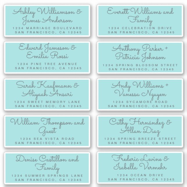 Chic Calligraphy Turquoise Guest Address Labels (Vorderseite)
