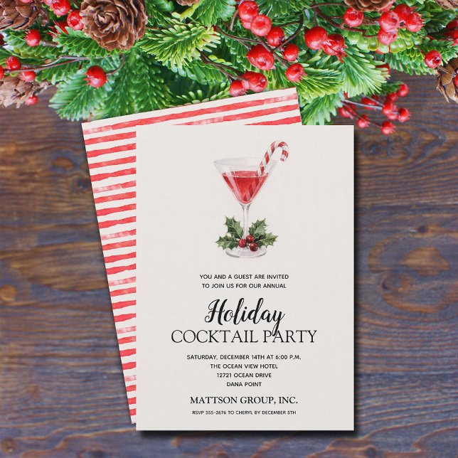 Chic Candy Cane Martini Holiday Cocktail Party Einladung (Chic candy cane, holly and berries Christmas martini cocktail holiday party invitations)