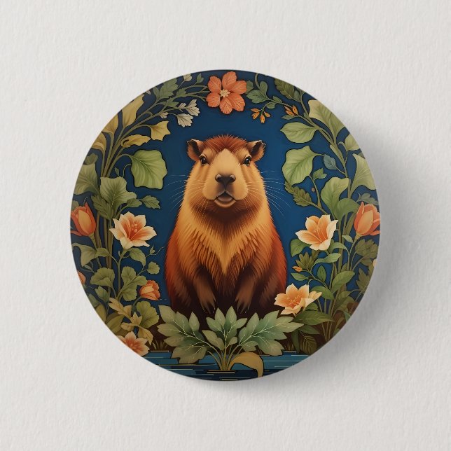 Chic Capybara - Inspiriert von William Morris Button (Vorderseite)