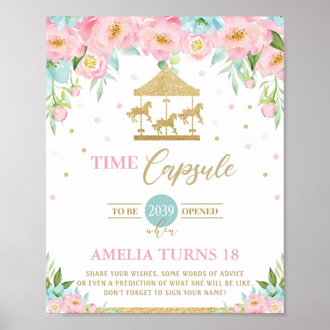 Chic Carousel Pink Minze Floral Time Kapsel Zeiche Poster (Vorne)