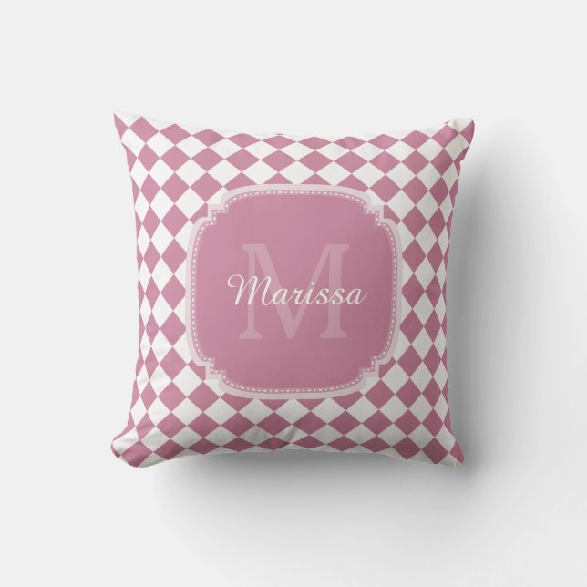 Chic Cashmere-Rose überprüft Mit Monogramm Namen Kissen (Vorderseite)
