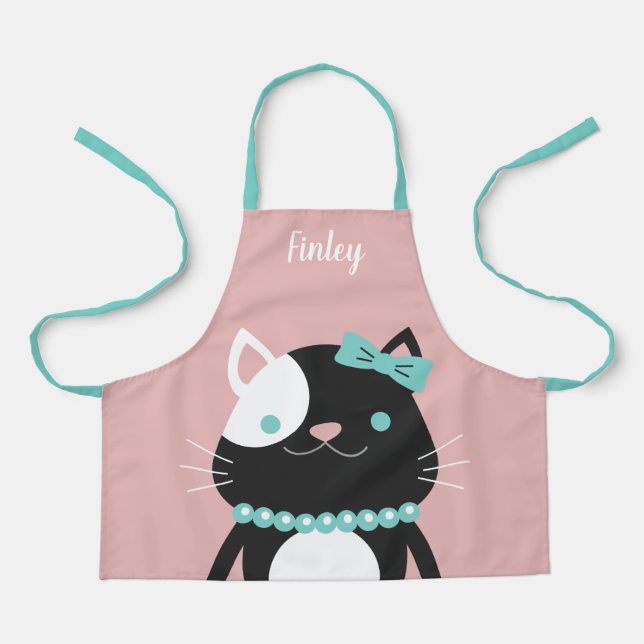 Chic Cat mit Pearl Necklace Pink Name Schürze (Vorderseite)