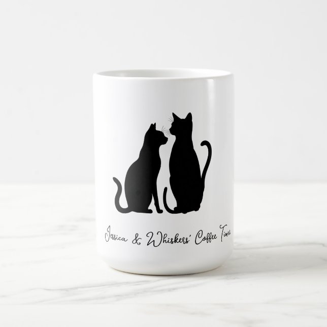 Chic Cat Silhouette Individuelle Name Schwarz & We Verwandlungstasse (Zentrum)