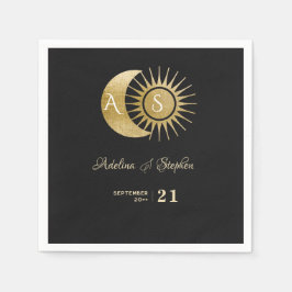 Chic Celestial Black Gold Sun Moon Monogram Wappen Serviette