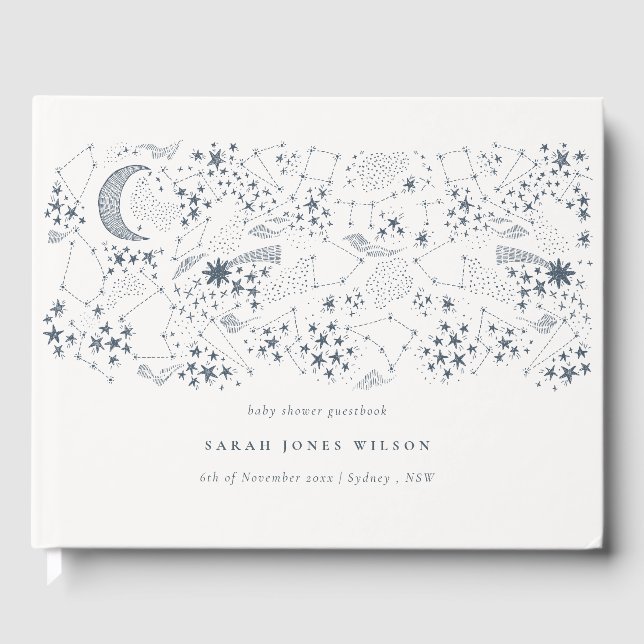 Chic Celestial Navy Starry Night Moon Babydusche Gästebuch (Vorderseite)