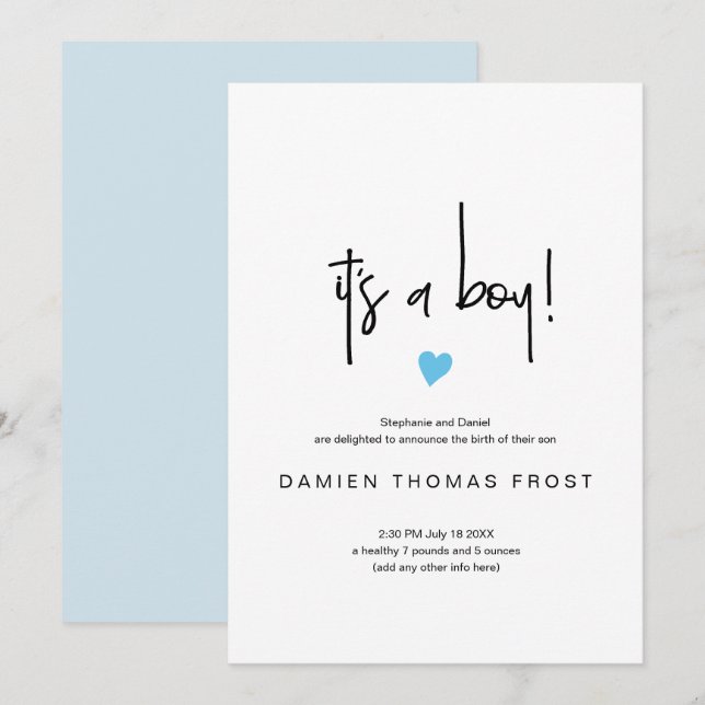 Chic C'est un garçon Faire-part de naissance bleu  (Devant / Derrière)