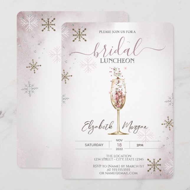 Chic Champagne Glass Snowflakes Bridal Luncheon Einladung (Vorne/Hinten)