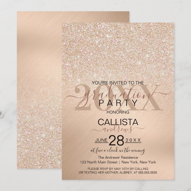 Chic Champagne Gold Glitzer Metallic Abschluss Einladung (Vorne/Hinten)