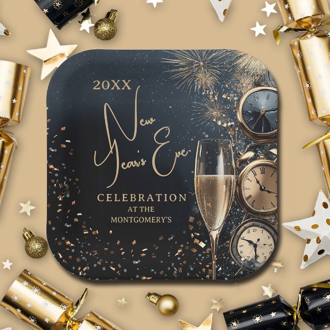 Chic Champagne Time New Year's Eve Pappteller (Chic Champagne and Clocks New Year's Eve square paper plates, 7" or 9")
