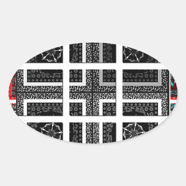 Chic Checkered Black, White & Red Graphics Design Ovaler Aufkleber (Vorderseite)