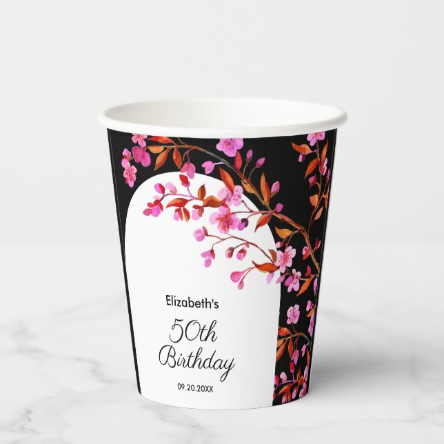Chic Cherry Blossom Sakura Schwarz-weiß Geburtstag Pappbecher (Rückseite)