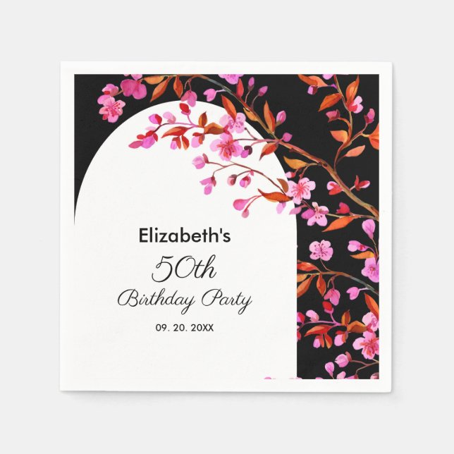 Chic Cherry Blossom Sakura Schwarz-weiß Geburtstag Serviette (Vorderseite)