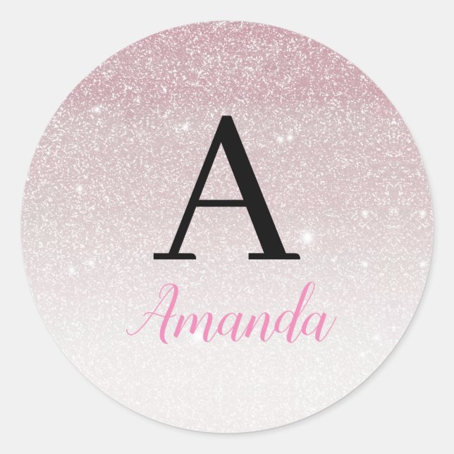 Chic Chic Pink Glitzer Monogram Name + Initial Runder Aufkleber (Vorderseite)