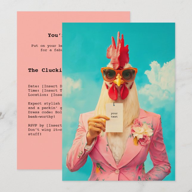 Chic Chicken in Pink Anzug Einladung (Vorne/Hinten)