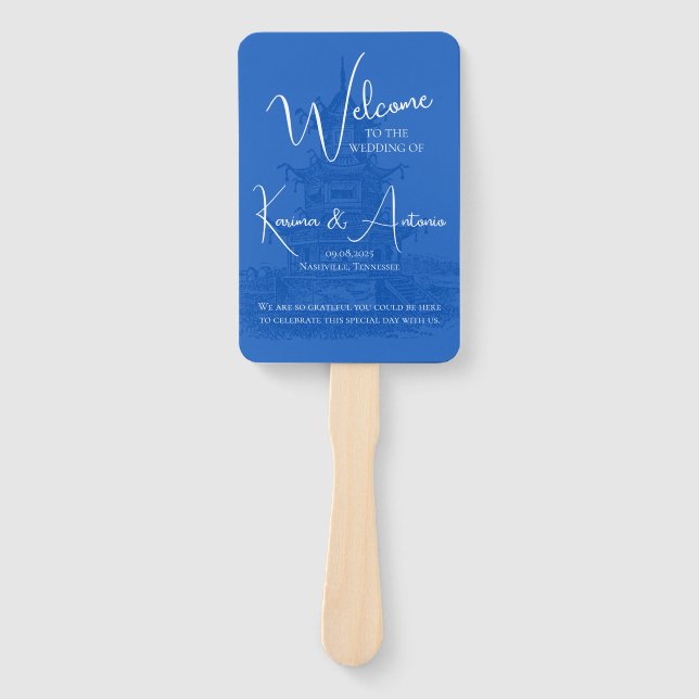 Chic Chinoiserie Pagoda Blue Wedding Program Fan Fächer (Vorderseite)
