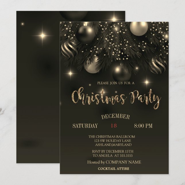 Chic Christmas Balls Black Christmas Company Party Einladung (Vorne/Hinten)