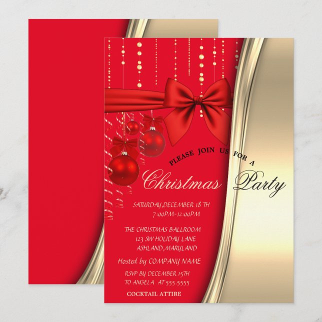 Chic Christmas Balls, Bow, Gold Corporate Party Einladung (Vorne/Hinten)