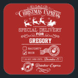 Chic Christmas Express Special Delivery Monogram Quadratischer Aufkleber<br><div class="desc">Einzigartige und elegante Weihnachts-Express-Sonderversand Rentier Express von Santa bis...  Es ist ein wunderschönes Design,  Typografie,  Santa mit Schlitten und Rentiers,  Briefmarke Postaussehen,  "Picked and Delivered by Santa",  "North Pole Air Delivery". Verwenden Sie das Tool Anpassen,  um Ihren Namen hinzuzufügen. Für weitere Informationen besuchen Sie bitte die Weihnachtsquotes-Sammlung.</div>