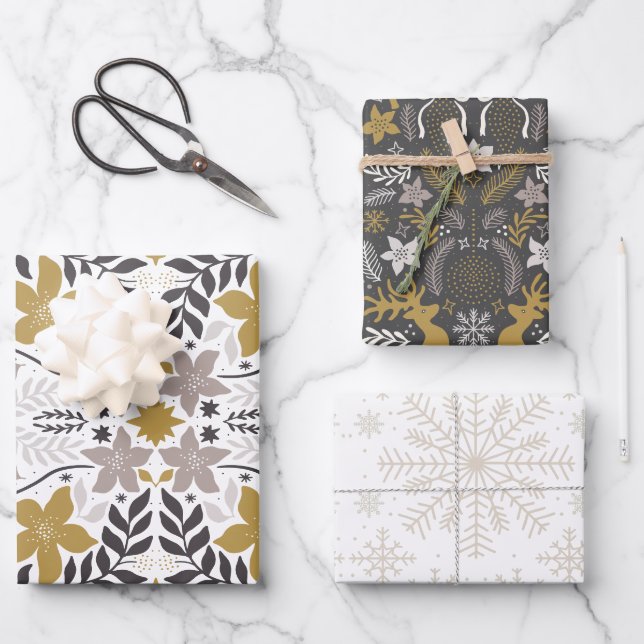 Chic Christmas Floral Deer Snowflake Black Holiday Geschenkpapier Set (Vorderseite)