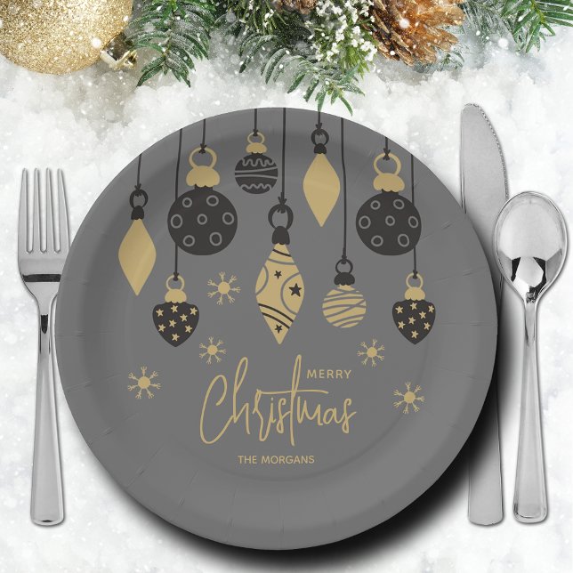 Chic Christmas Ornaments auf Grau Pappteller (Chic black and gold Christmas tree ornaments on grey paper plates in 2 sizes)
