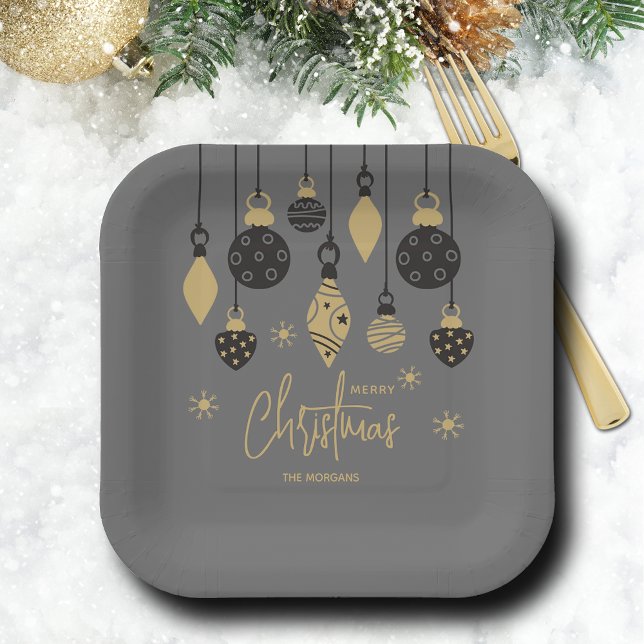 Chic Christmas Ornaments auf Grau Pappteller (Chic black and gold Christmas tree ornaments square grey paper plates)