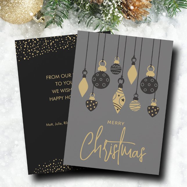 Chic Christmas Tree Ornaments Feiertagskarte (Black and gold Christmas tree ornaments on holiday greeting cards, PRINTED and/or INSTANT DOWNLOAD)