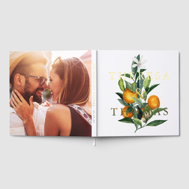 Chic Citrus Bouquet Foil Foto Wedding Gästebuch (Voll)