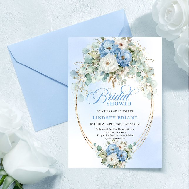 Chic Classic Pastel Blue Floral Gold Bridal Shower Einladung (Classic Pastel Blue Floral Gold Bridal Shower Invitation)