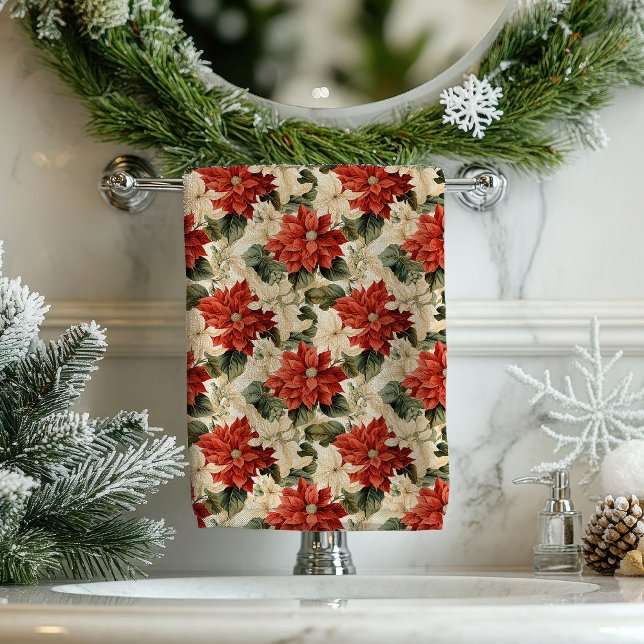 Chic Classic Red and White Poinsettias Christmas Badhandtuch Set (Chic Classic Red and White Poinsettias Christmas Bath Towel Set )