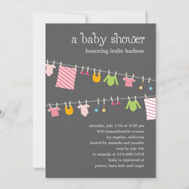 Chic Clothesline Baby Shower Invitation (Mädchen) Einladung (Vorderseite)