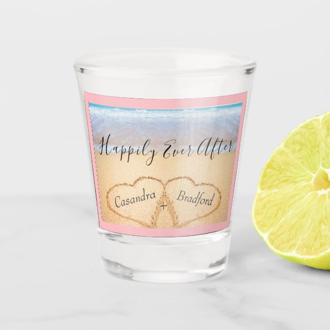 Chic Coastal Light Pink Beach Hochzeit 2 Herz Schnapsglas (Vorderseite)