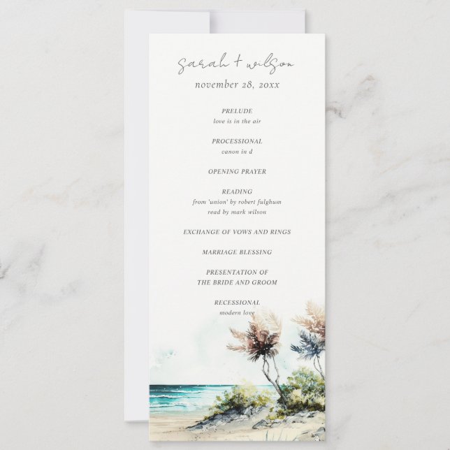Chic Coastal Palm Beach Seascape Wedding Programme (Devant)