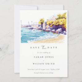 Chic Coastal Sand Beach Rocky Seascape Wasserfarbe Save The Date