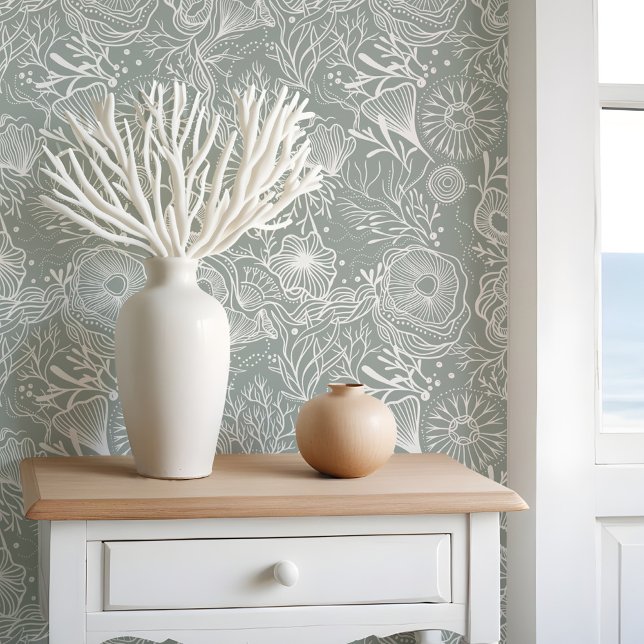 Chic Coastal Under Sea Green Coral Reef Tapete (Chic Coastal Under the Sea Green Coral Reef Wallpaper)