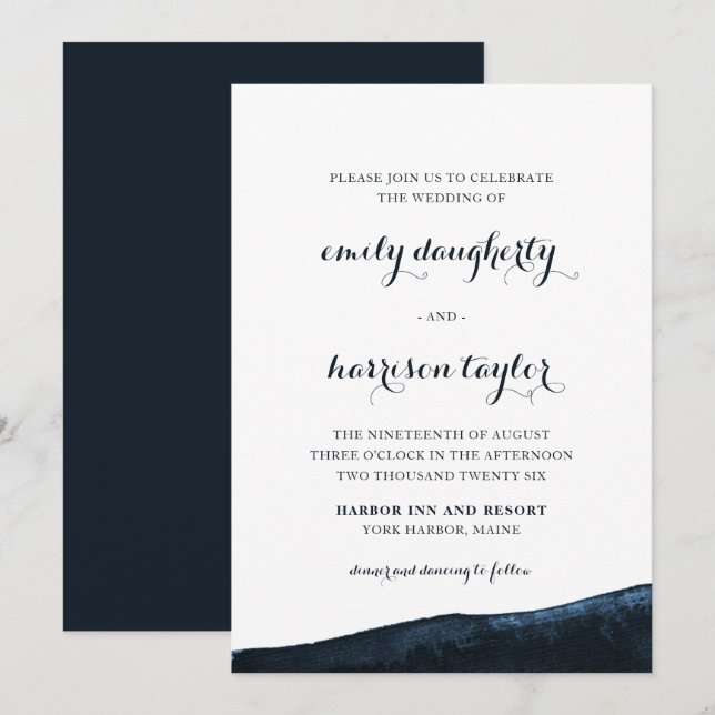 Chic Coastal Wedding Elegant Blue and White Einladung (Vorne/Hinten)