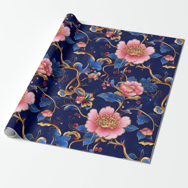 Chic Cobalt Blue Pink Blumenmuster Geschenkpapier (Ungerollt)