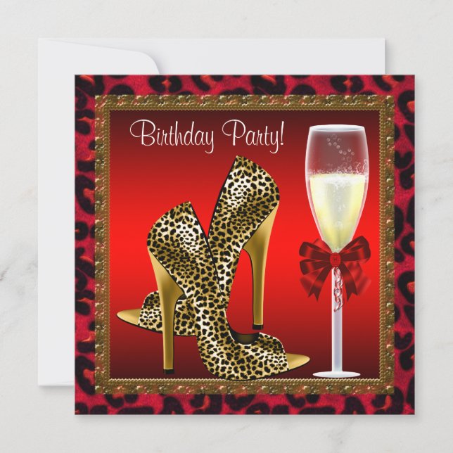 Chic Cocktail High Heel Schuhe Red Leopard Geburts Einladung (Vorderseite)