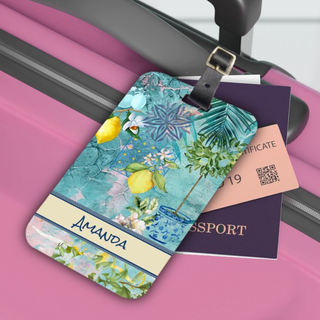 Chic Collage blau türkis sizilianisch Zitrusblüte Gepäckanhänger (Von Creator hochgeladen)