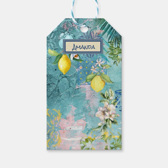 Chic Collage blau türkis sizilianisch Zitrusblüte Geschenkanhänger (Vorderseite)