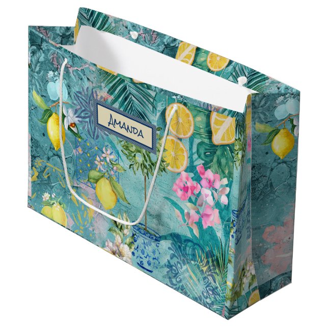 Chic Collage blau türkis sizilianisch Zitrusblüte Große Geschenktüte (Vorderseite Schrägansicht)